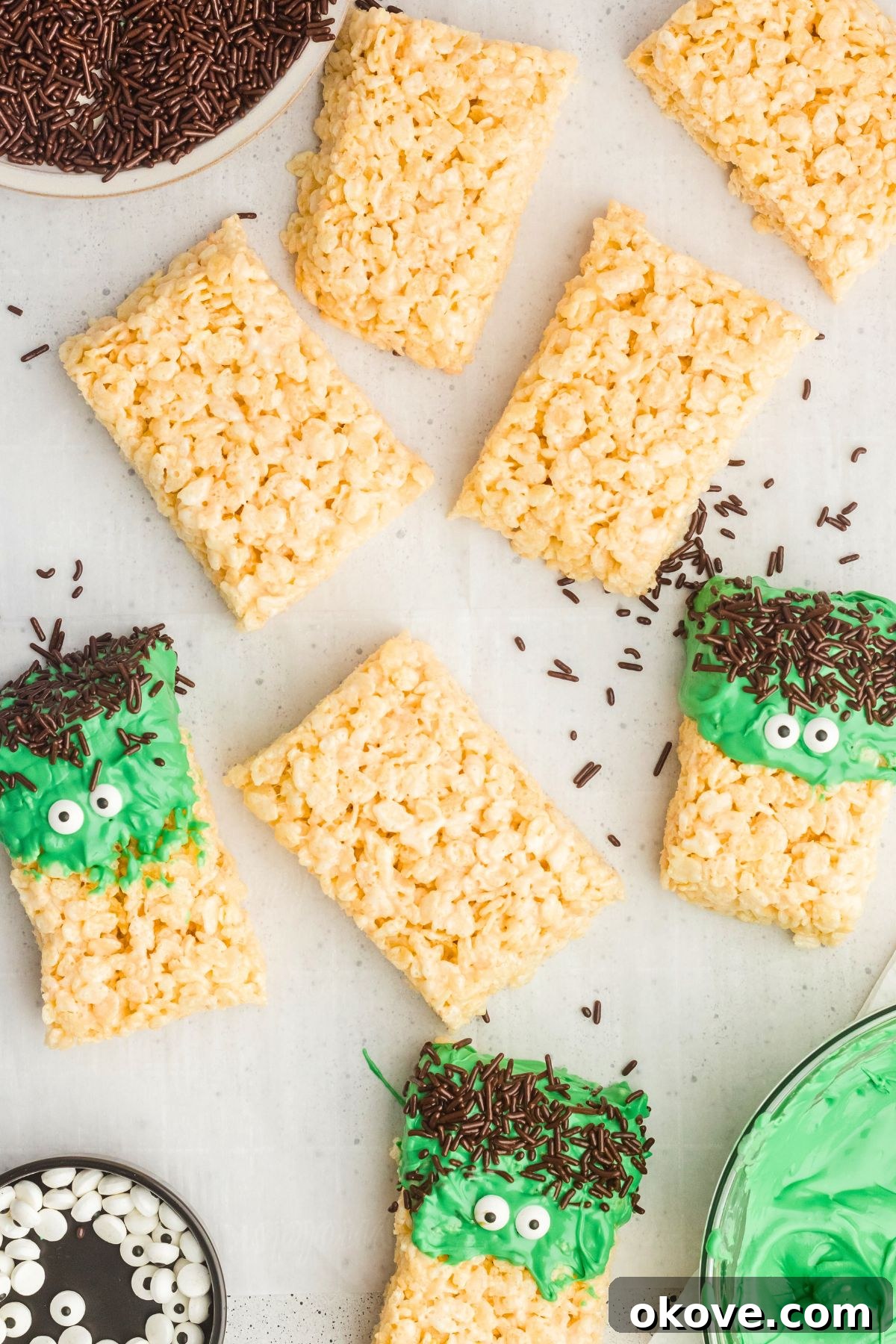 Monster Mash Krispies 7 Rice krispie treats dipped into green melting chocolate then topped with sprinkles and candy eyes.