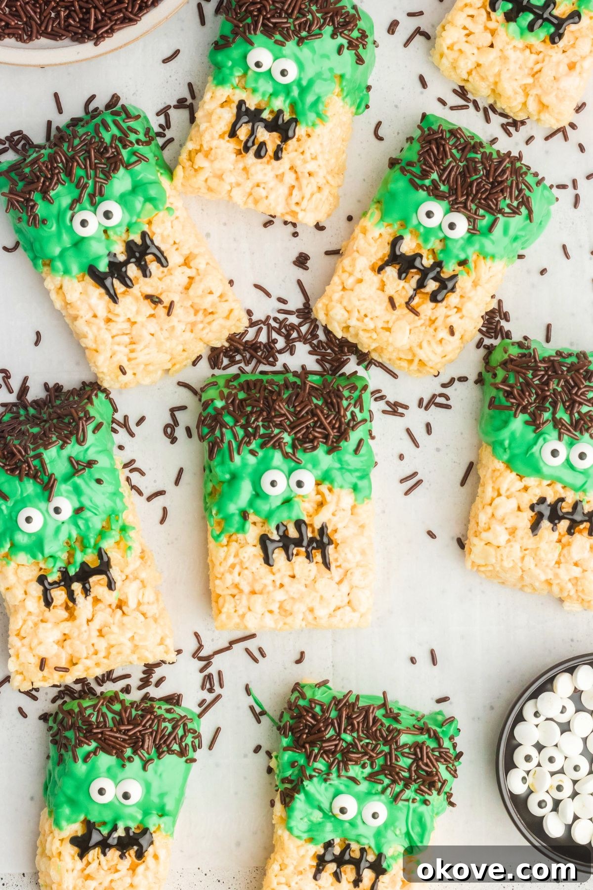 Monster Mash Krispies 8 Bright green Halloween rice krispie treats in the shape of Frankenstein.