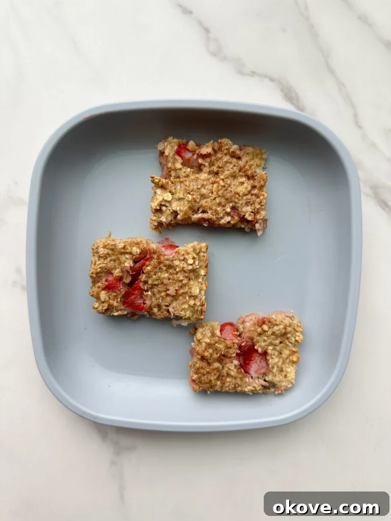 Happy Toddler Healthy Snack Solutions 3 Three healthy strawberry oat bars on a plate