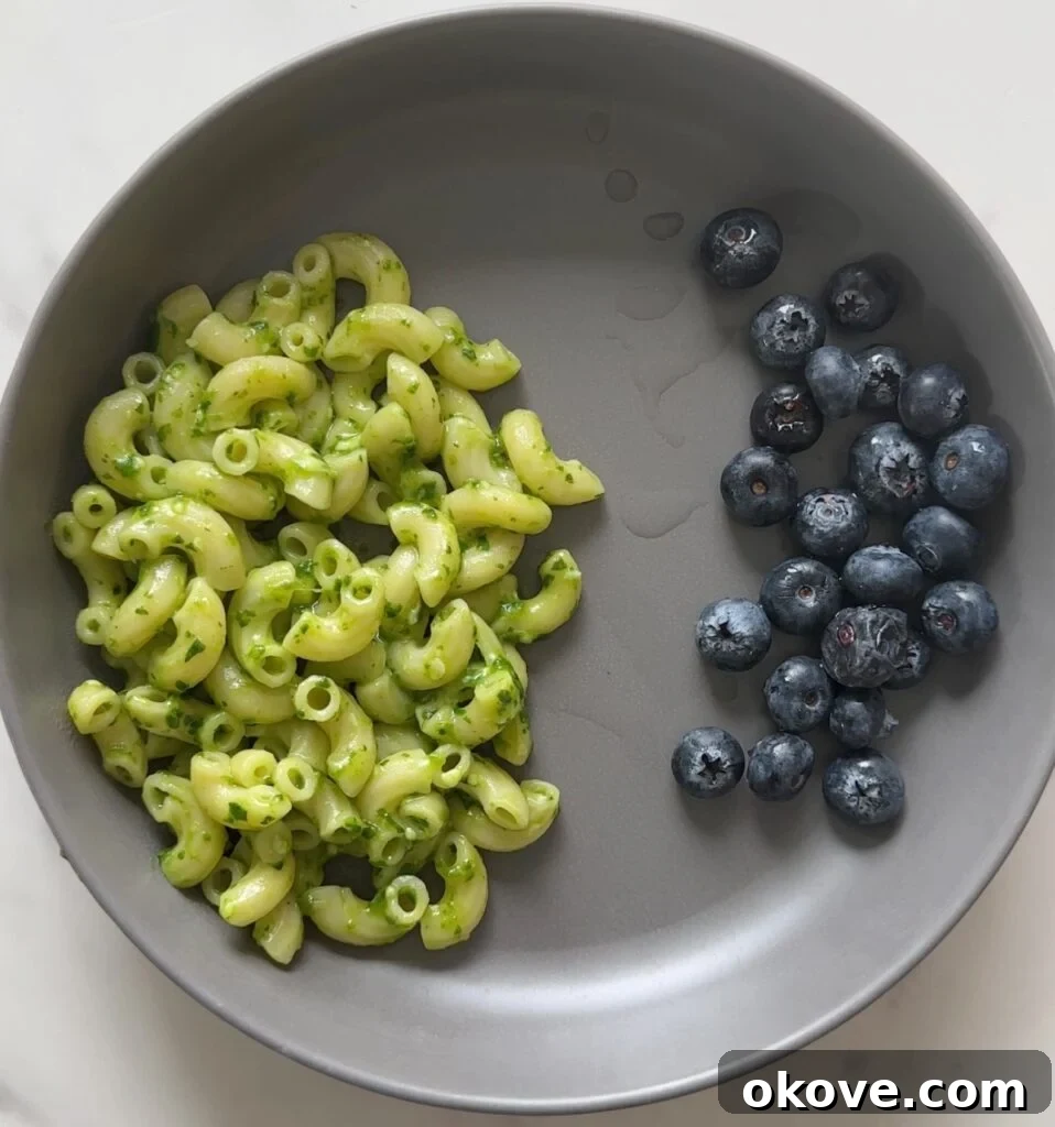 spinach pesto on a plate with blueberries