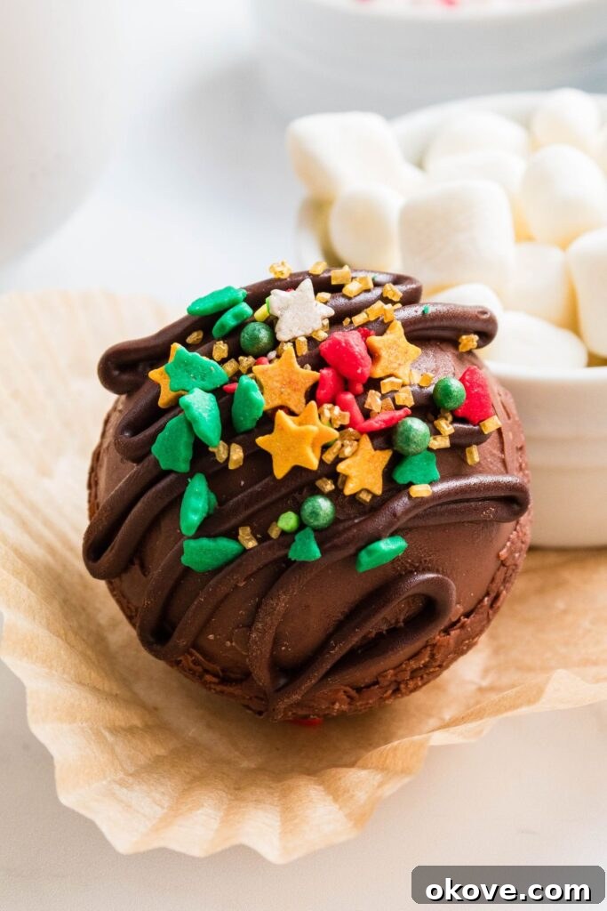 Gourmet Cocoa Melts 7 Chocolate cocoa bomb in front of mini marshmallows on the table.