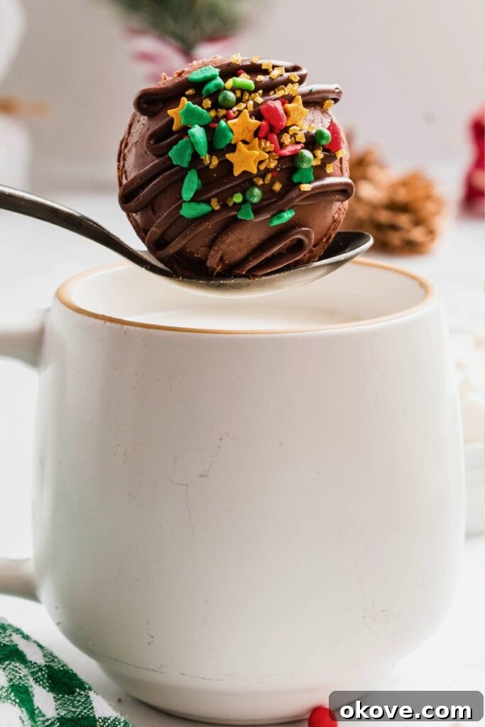 Gourmet Cocoa Melts 8 White mug of hot milk with a spoon holding a chocolate cocoa bomb over the milk.
