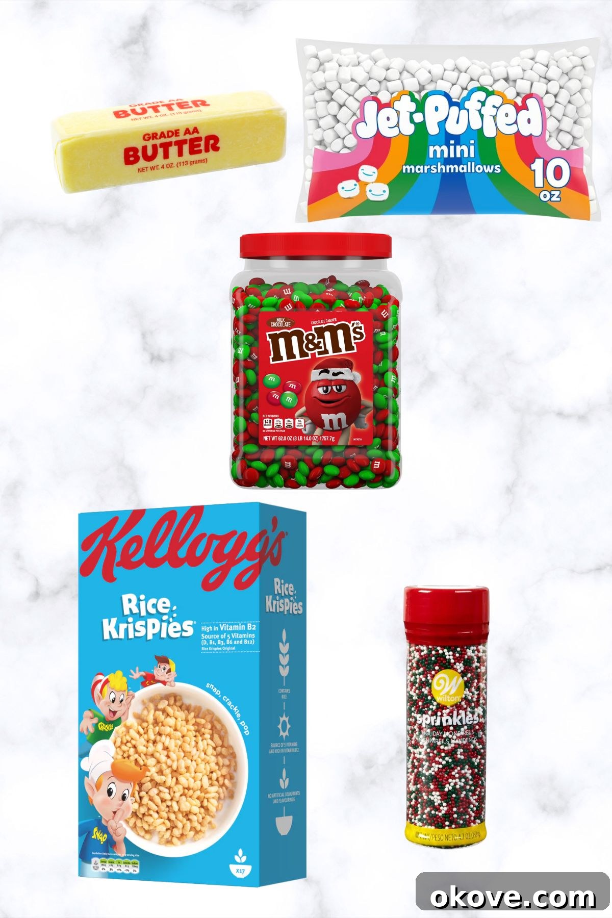 Pictures of ingredients needed to make Christmas rice krispie treats on a marble table.