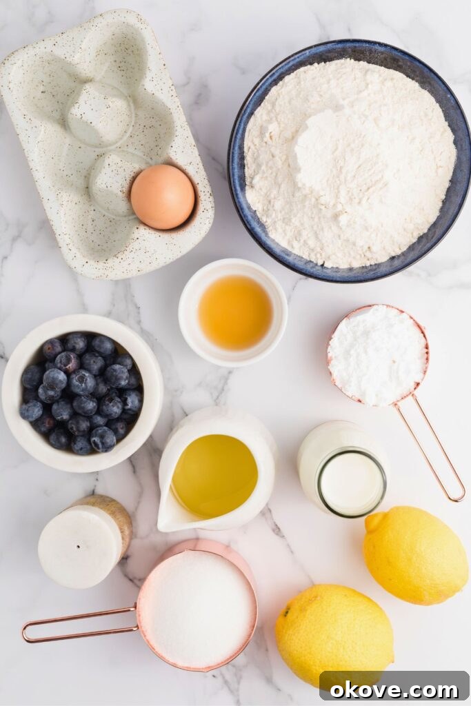 Ingredients needed to make lemon blueberry muffins measured on a white marble table. Fresh lemons, blueberries, flour, sugar, milk, oil, and an egg are neatly displayed and ready for use.