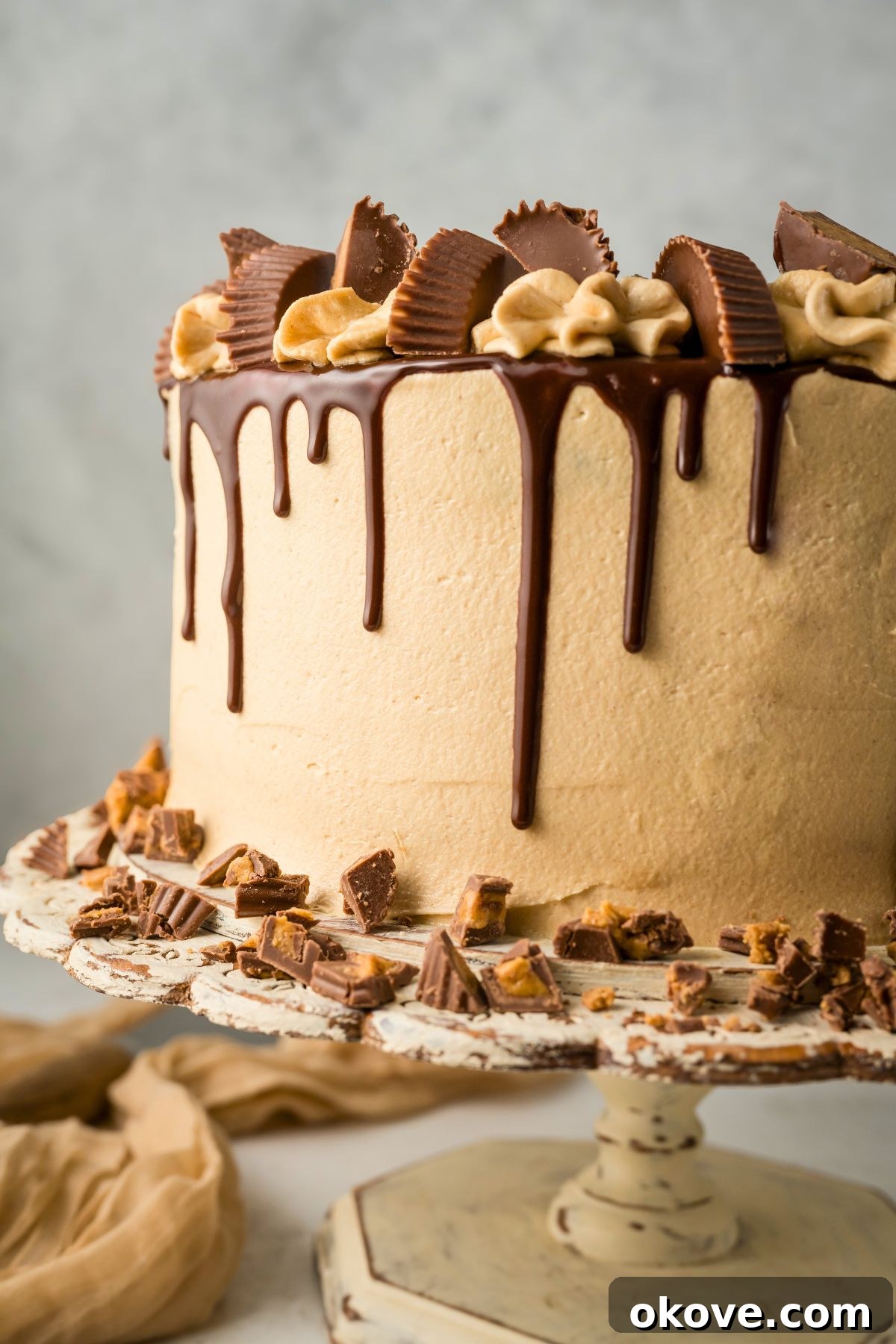 Peanut Butter Chocolate Dream Cake 2 Chocolate cake covered in peanut butter frosting with a chocolate ganache drizzle down the sides, garnished with peanut butter cups.