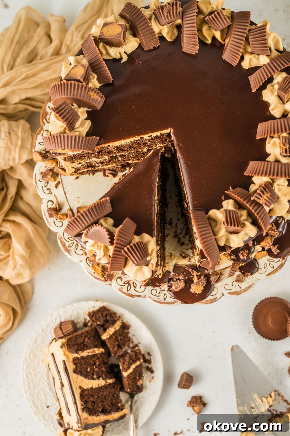 Peanut Butter Chocolate Dream Cake 11 Top view of a chocolate peanut butter cake with a slice removed and served on a small white plate, ready to be enjoyed.