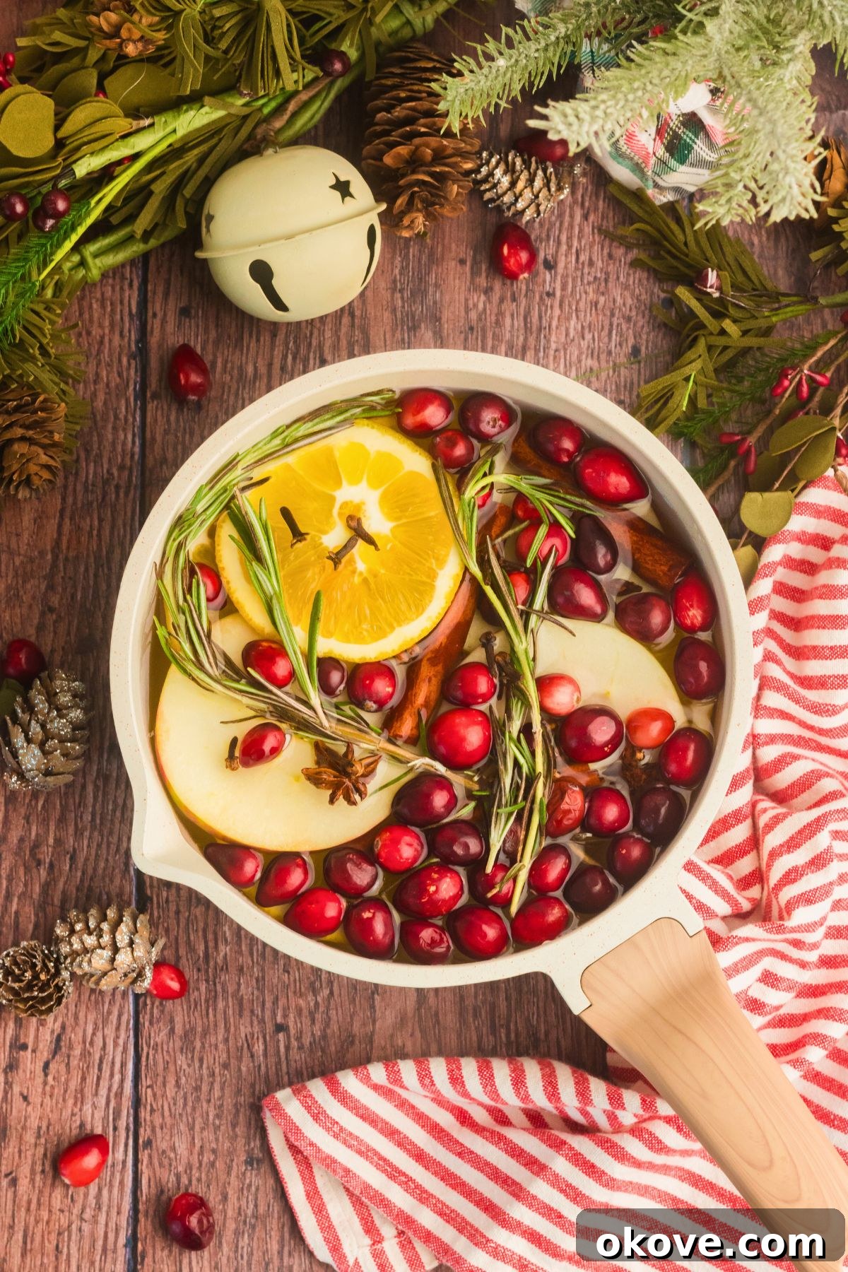 Simmering Christmas Cheer 6 Cream colored saucepan filled with water, cranberries, fruit slices, and other ingredients to make a Christmas simmer pot.