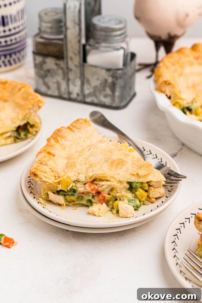 Quick and Cozy Chicken Pot Pie 2 Golden crusted chicken pot pie filled with chicken and veggies on a white plate, ready to be served.