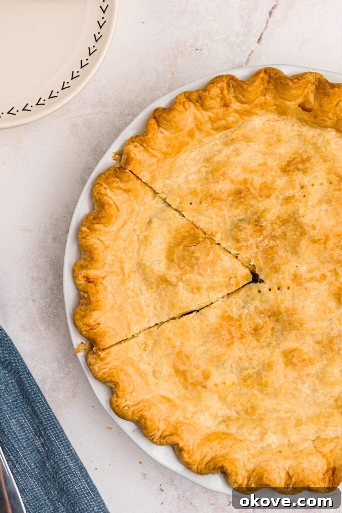 Quick and Cozy Chicken Pot Pie 9 Golden baked chicken pot pie in a white pie plate with a slice already cut out, ready to be served.
