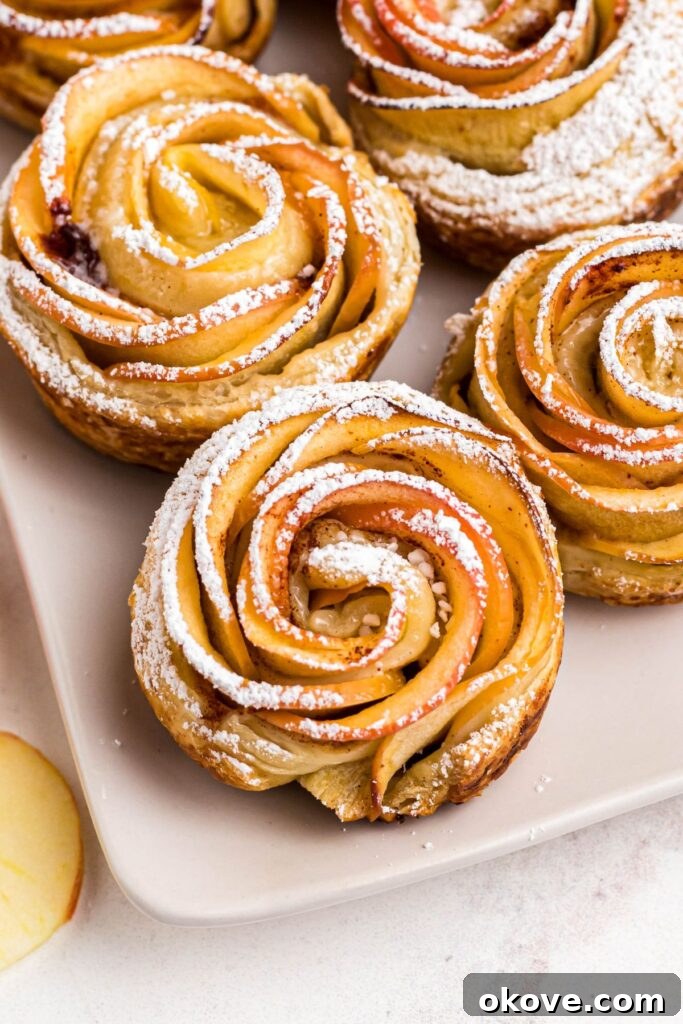 Baked Apple Blooms 9 Close up photo of apple rose on a white rectangle plate, then dusted with powdered sugar.
