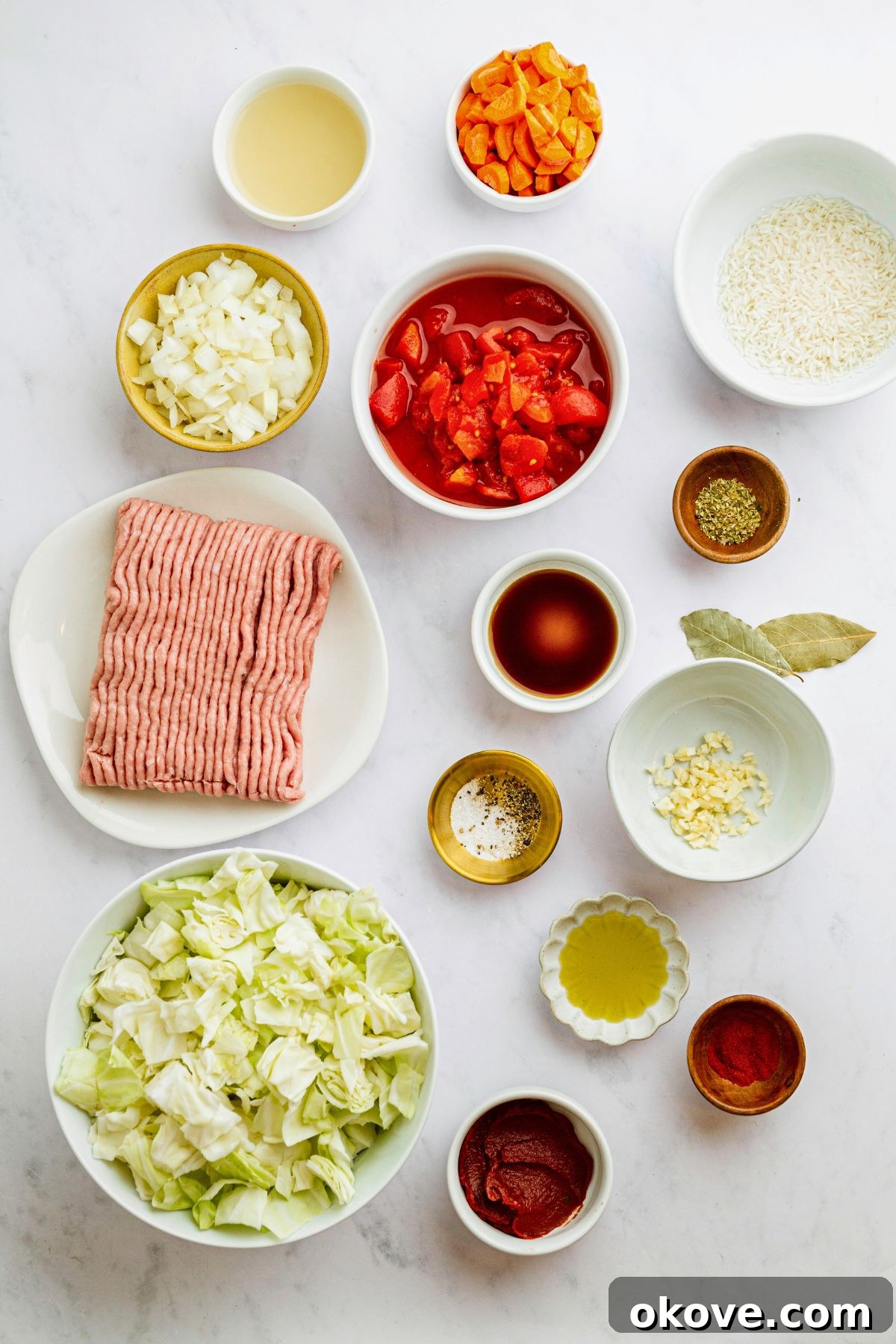 Stuffed Cabbage Soup 3 Ingredients needed to make cabbage roll soup measured onto a white marble table. Fresh produce and spices for a rich flavor.