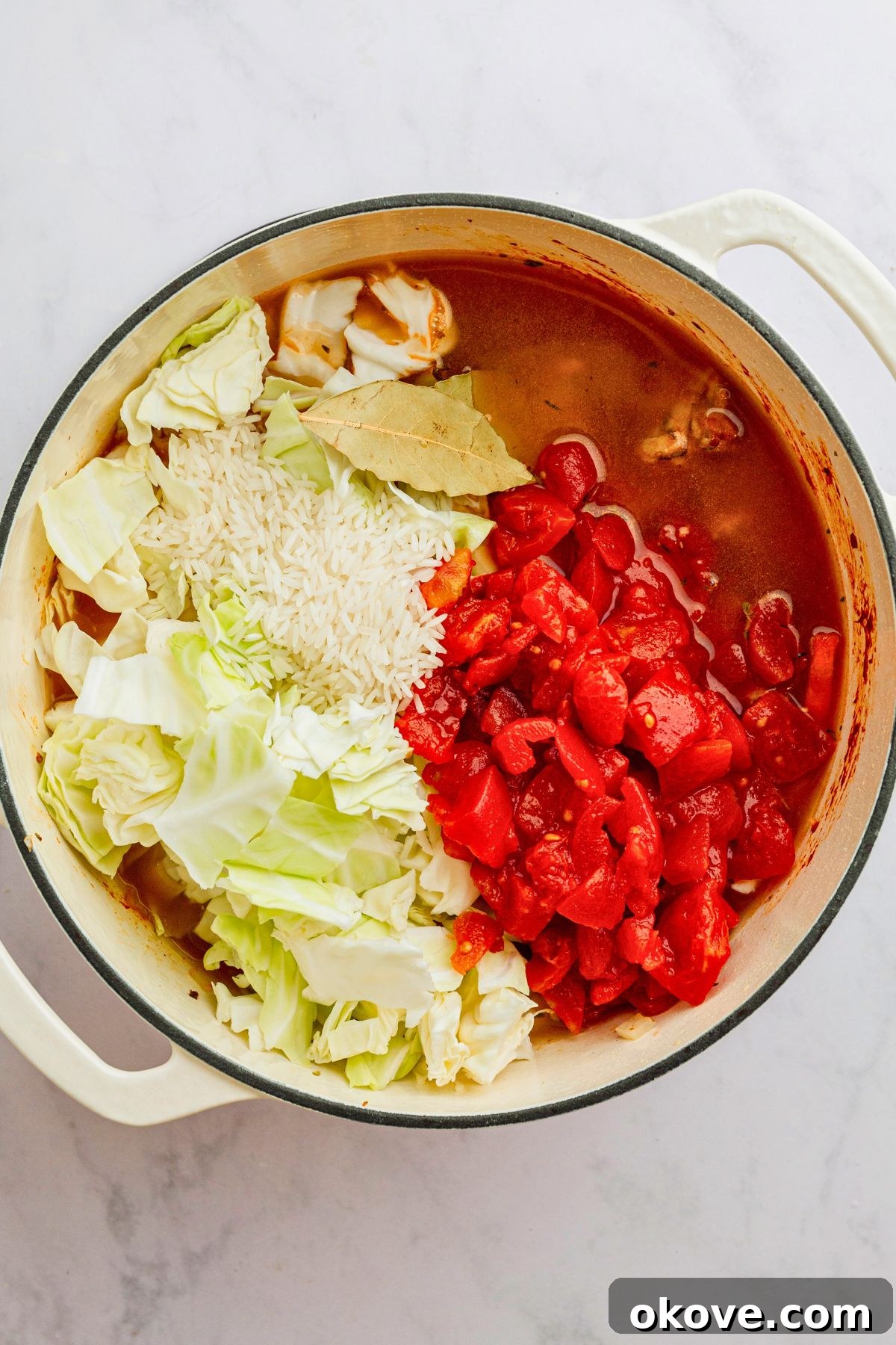 Stuffed Cabbage Soup 5 Other ingredients being added to stock pot to make cabbage roll soup. Fresh vegetables and spices being incorporated.