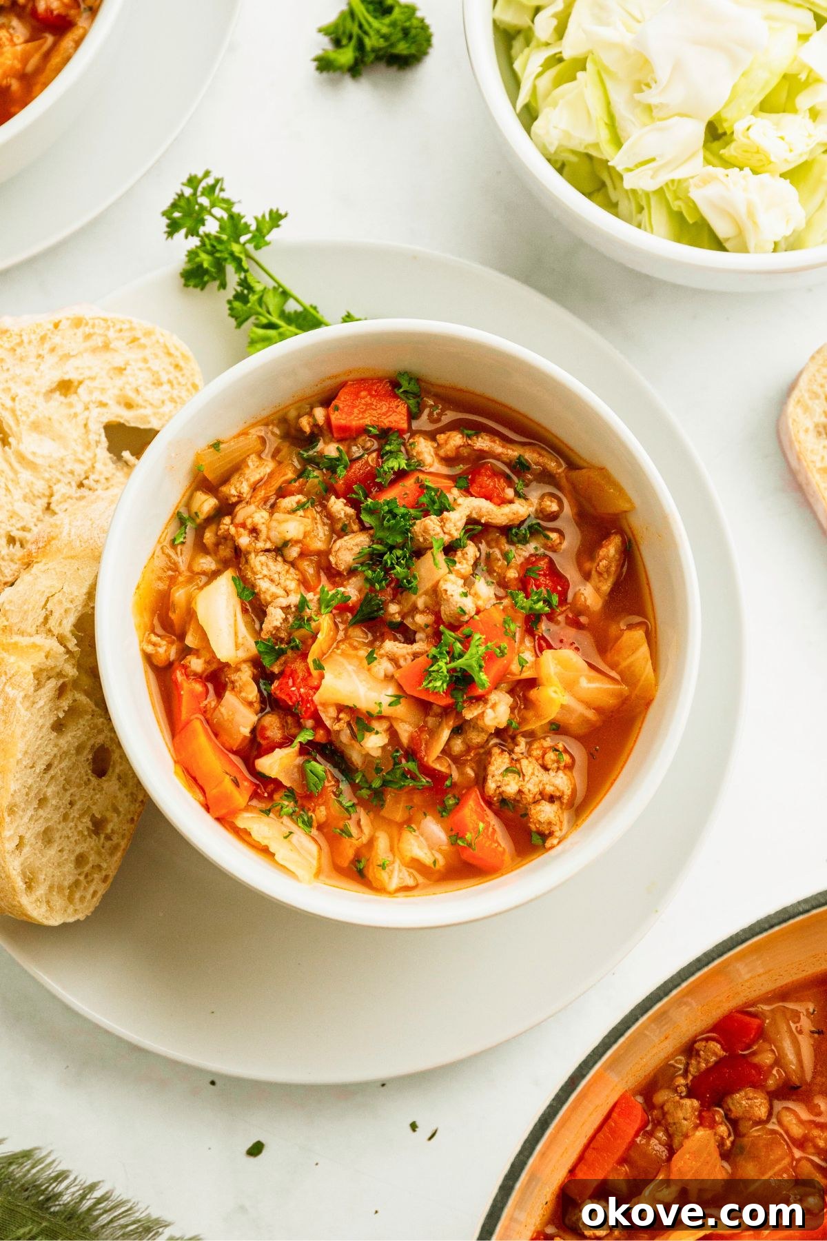 Stuffed Cabbage Soup 7 Small white bowl of cabbage roll soup served with a piece of bread and garnished with parsley. A delicious and comforting meal ready to enjoy.