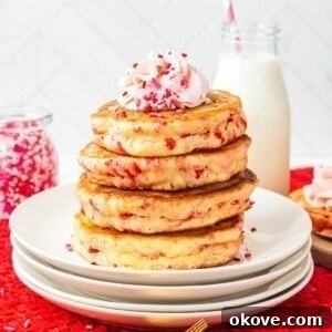 Golden fluffy stacked pancakes on a white plate, filled with Valentine's sprinkles.