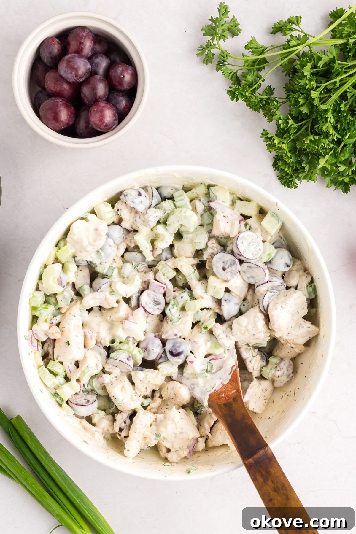 Orchard Chicken Salad 6 The chicken salad ingredients are fully mixed with the creamy dressing in a large bowl, showcasing a harmonious blend of colors and textures, ready for chilling.