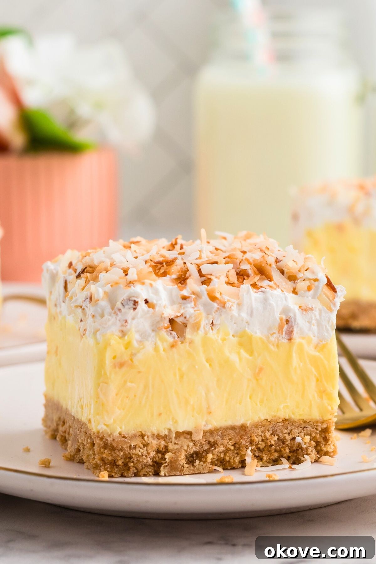 Paradise Coconut Indulgence 2 A beautiful slice of graham cracker crusted coconut delight dessert, topped generously with fluffy whipped cream and golden toasted coconut flakes, presented elegantly on a pristine white plate.