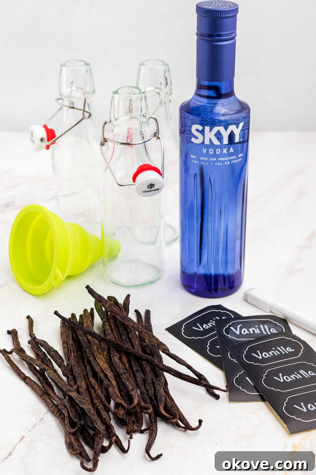 Handcrafted Vanilla Essence 3 Ingredients needed to make homemade vanilla extract: vanilla bean pods, clear alcohol (like vodka), glass bottles, and a small funnel displayed on a white surface.