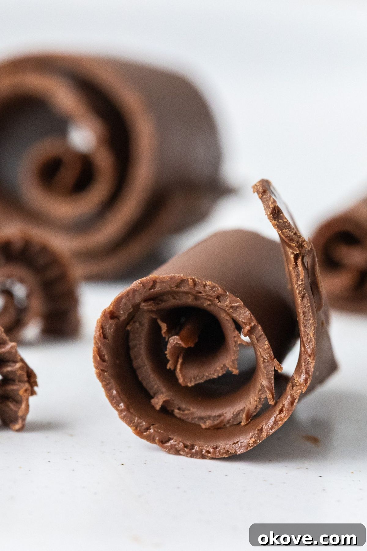 The Secret to Perfect Chocolate Curls 7 Chocolate curls on a white plate.