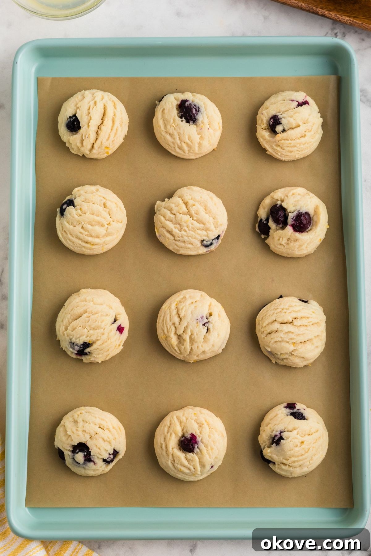Tangy Blueberry Lemon Delights 9 A batch of golden-brown lemon blueberry cookies cooling on a baking sheet, their edges slightly crisp and centers soft and inviting.