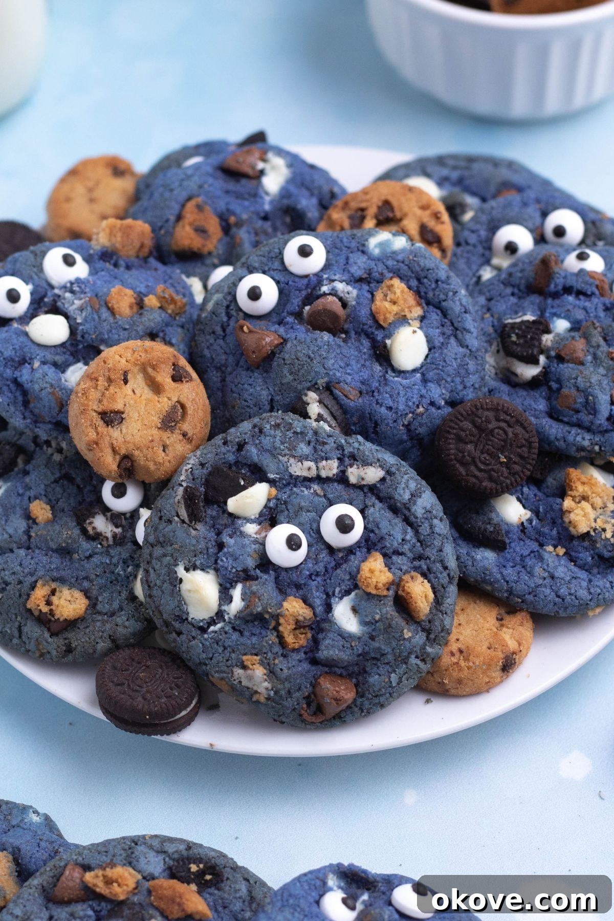 Blue Monster Munchies 2 Bright blue cookie monster cookies filled with crushed cookies, chocolate and white chocolate chips.