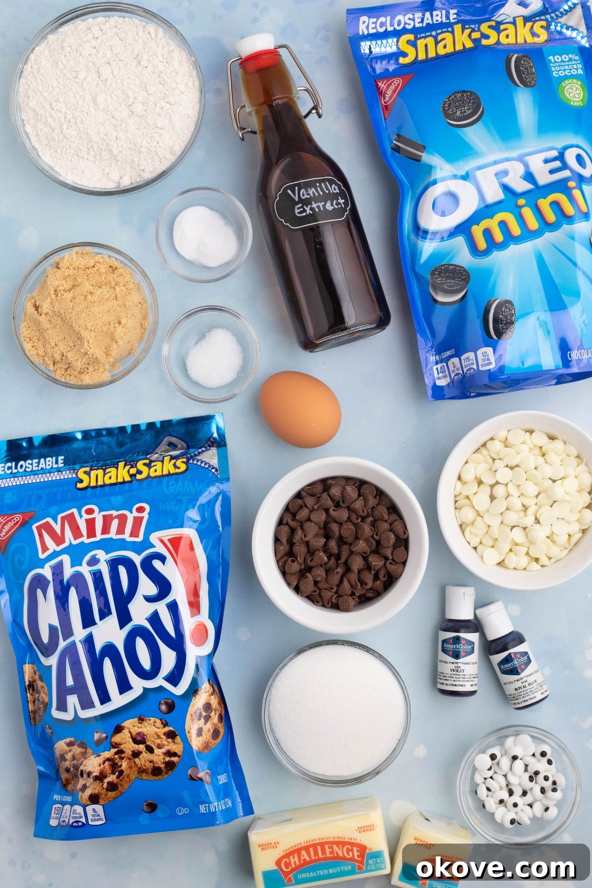 Blue Monster Munchies 3 Ingredients needed to make cookie monster cookies measured on a light blue table.