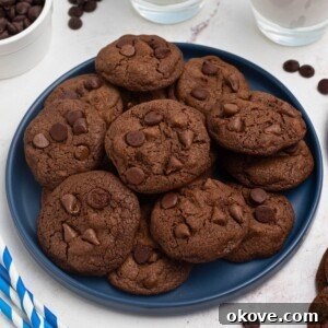Double chocolate chip cookies stacked on a blue plate with chocolate chips and milk on the table.
