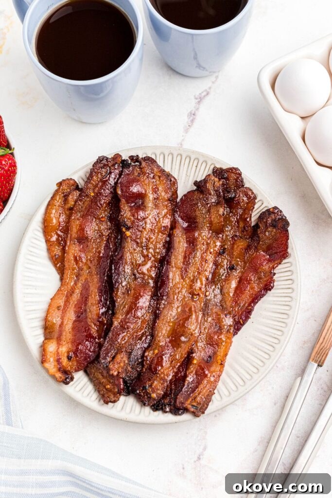 Decadent Caramelized Bacon 2 Golden brown slices of millionaire bacon on a white plate with tongs next to the plate.