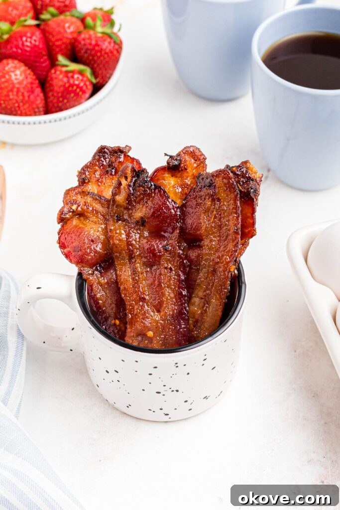 Decadent Caramelized Bacon 7 Golden bacon in a mug in front of coffee and berries.