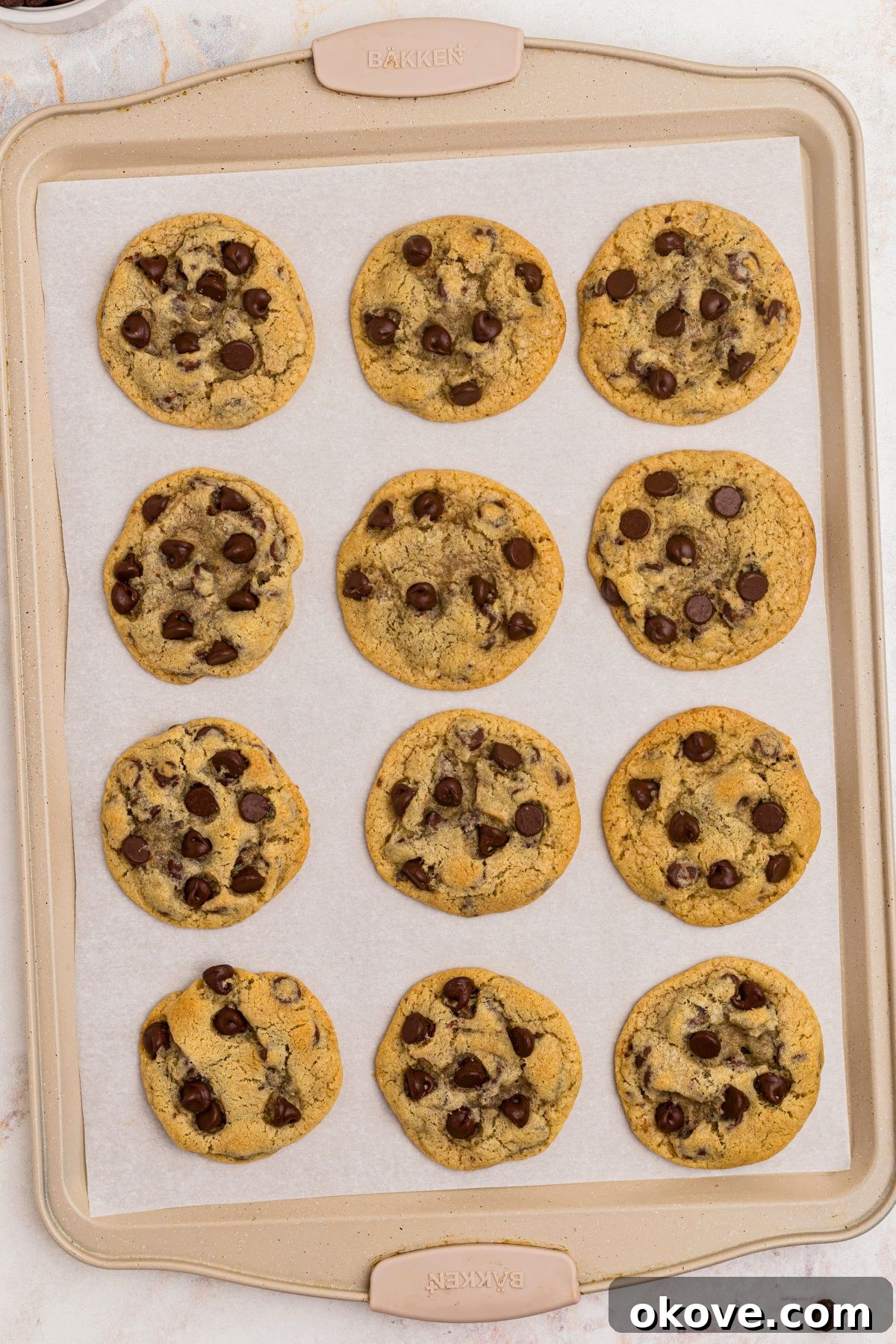 Warm Chocolate Chip Indulgence 7 Freshly baked golden chocolate chip cookies, still on the parchment-lined baking sheet, showing perfect texture.