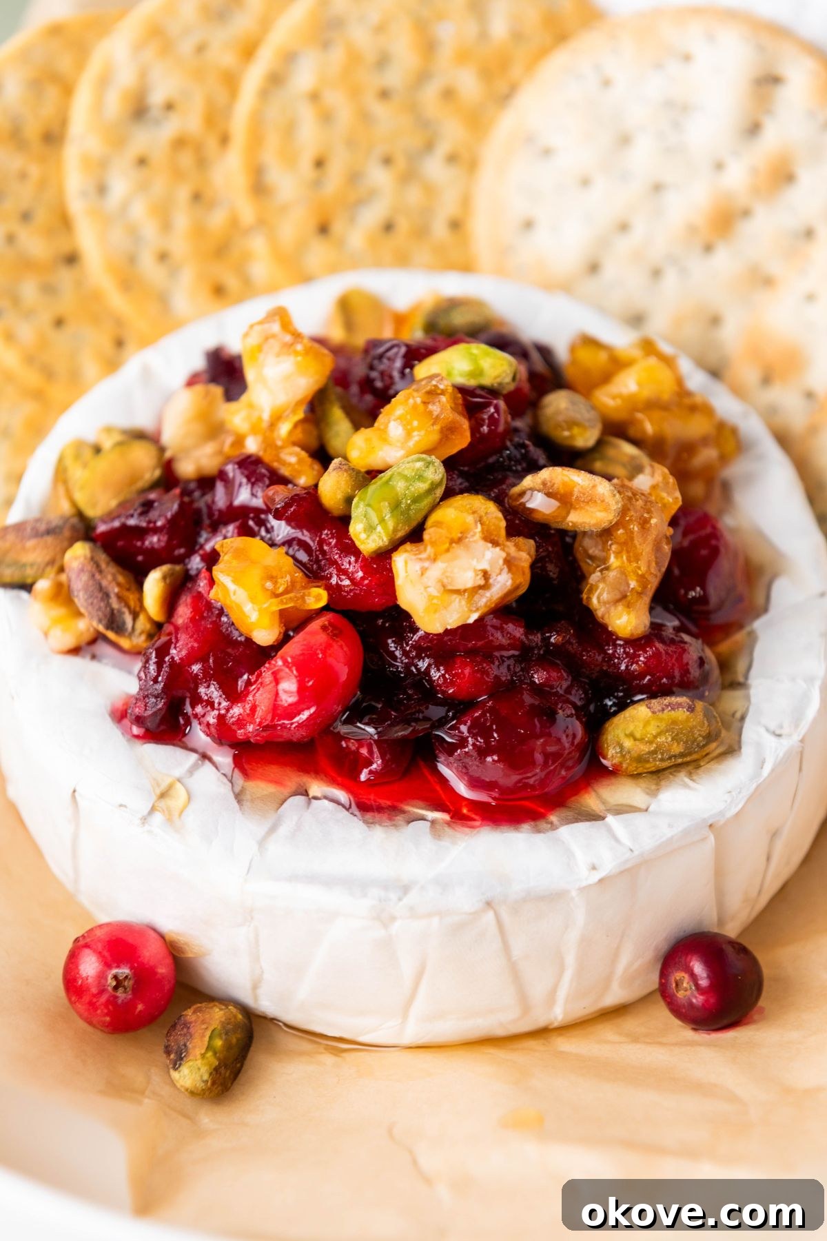 Warm Brie Delight 2 A round wheel of baked brie cheese, beautifully topped with glistening cranberries, crunchy walnuts, and green pistachios, artfully arranged on a serving platter and surrounded by crisp crackers, ready to be enjoyed.