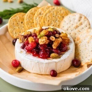 A round block of brie cheese, topped with nuts and cranberries, surrounded by crackers.
