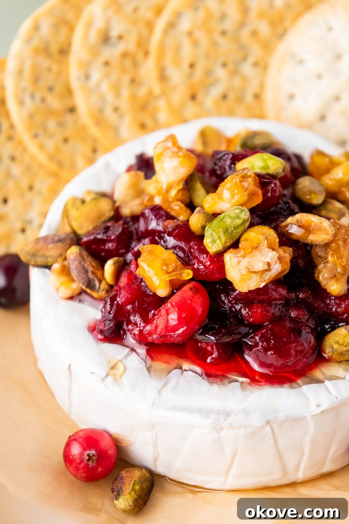 Warm Brie Delight 10 A close-up shot of the stunning baked brie, featuring its glistening cranberry and walnut topping, with a fork dipping into the warm, melted cheese, highlighting its irresistible texture.