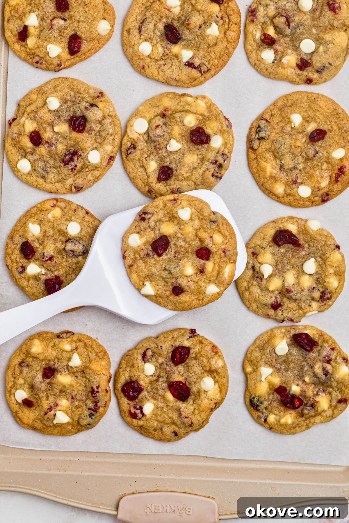 A perfectly baked, golden-brown white chocolate cranberry cookie being carefully lifted off the baking sheet with a white spatula, showcasing its soft texture and visible mix-ins.