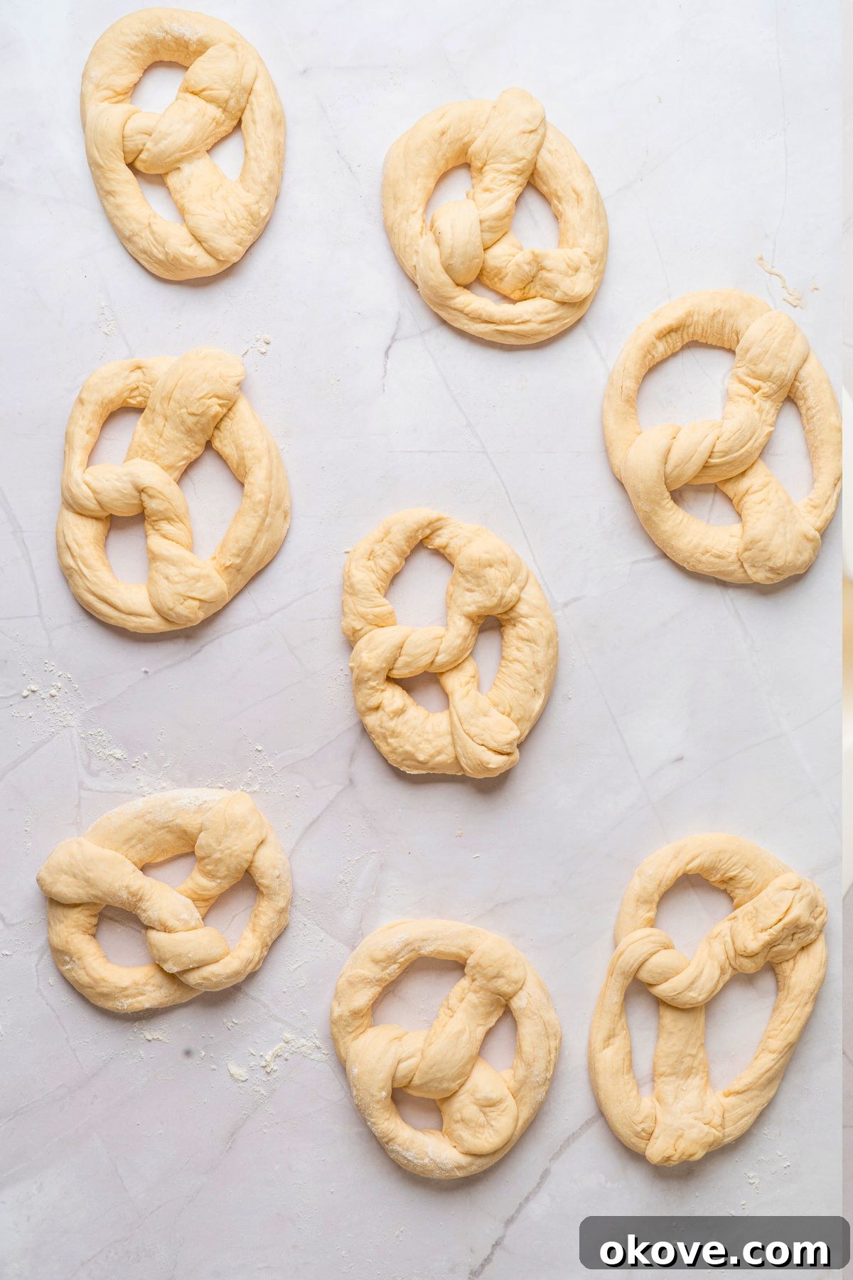 Pillowy Soft Pretzels 9 Pretzel dough rolled and then shaped into pretzel twists.