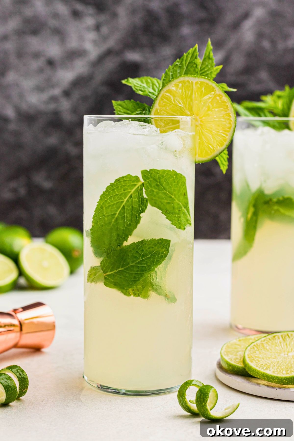 A finished light green mojito cocktail in a tall glass, beautifully garnished with a lime wheel and a sprig of fresh mint.
