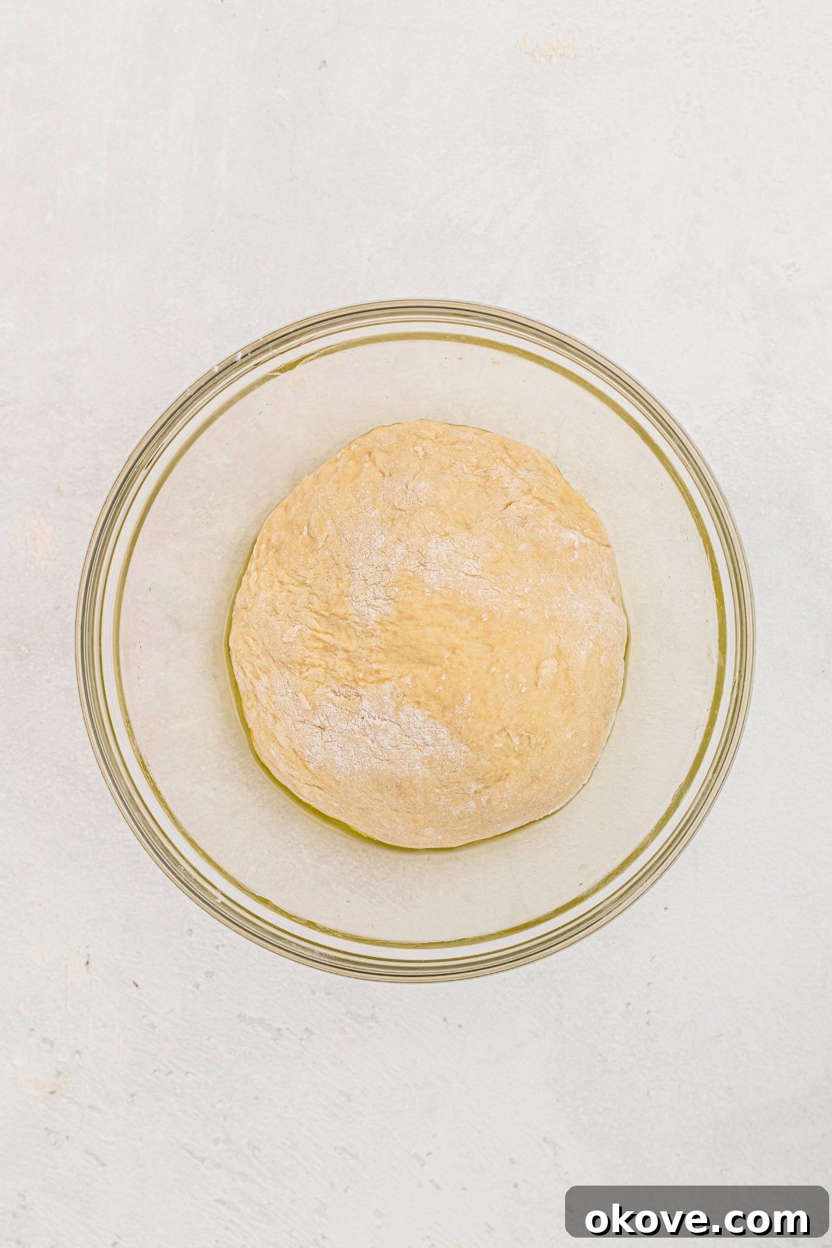 Warm Golden Dinner Rolls 8 The kneaded dough placed in a lightly greased clear glass bowl, covered with plastic wrap, and left to rest and rise in a warm environment.