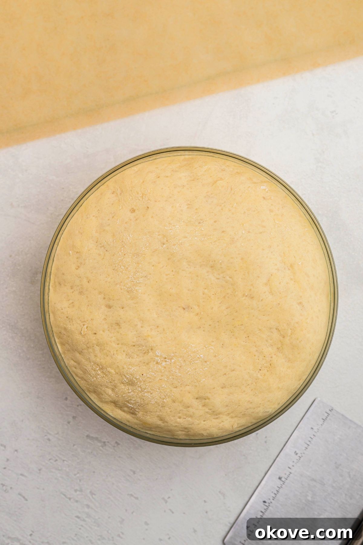 Warm Golden Dinner Rolls 9 A large bowl of bread dough that has successfully doubled in size after its initial resting period, showcasing its airy texture and readiness for shaping.