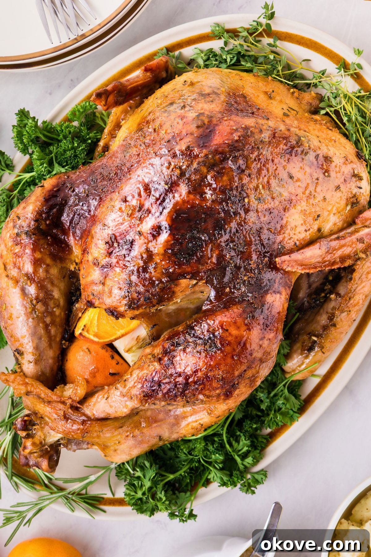 Golden Roasted Turkey Perfection 12 Plated roasted turkey on a serving platter, surrounded by plates, honey, and other food, on a white marble table.