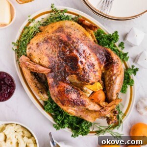 Golden Roasted Turkey Perfection 13 Plated roasted turkey on a serving platter, surrounded by plates, honey, and other food, on a white marble table.