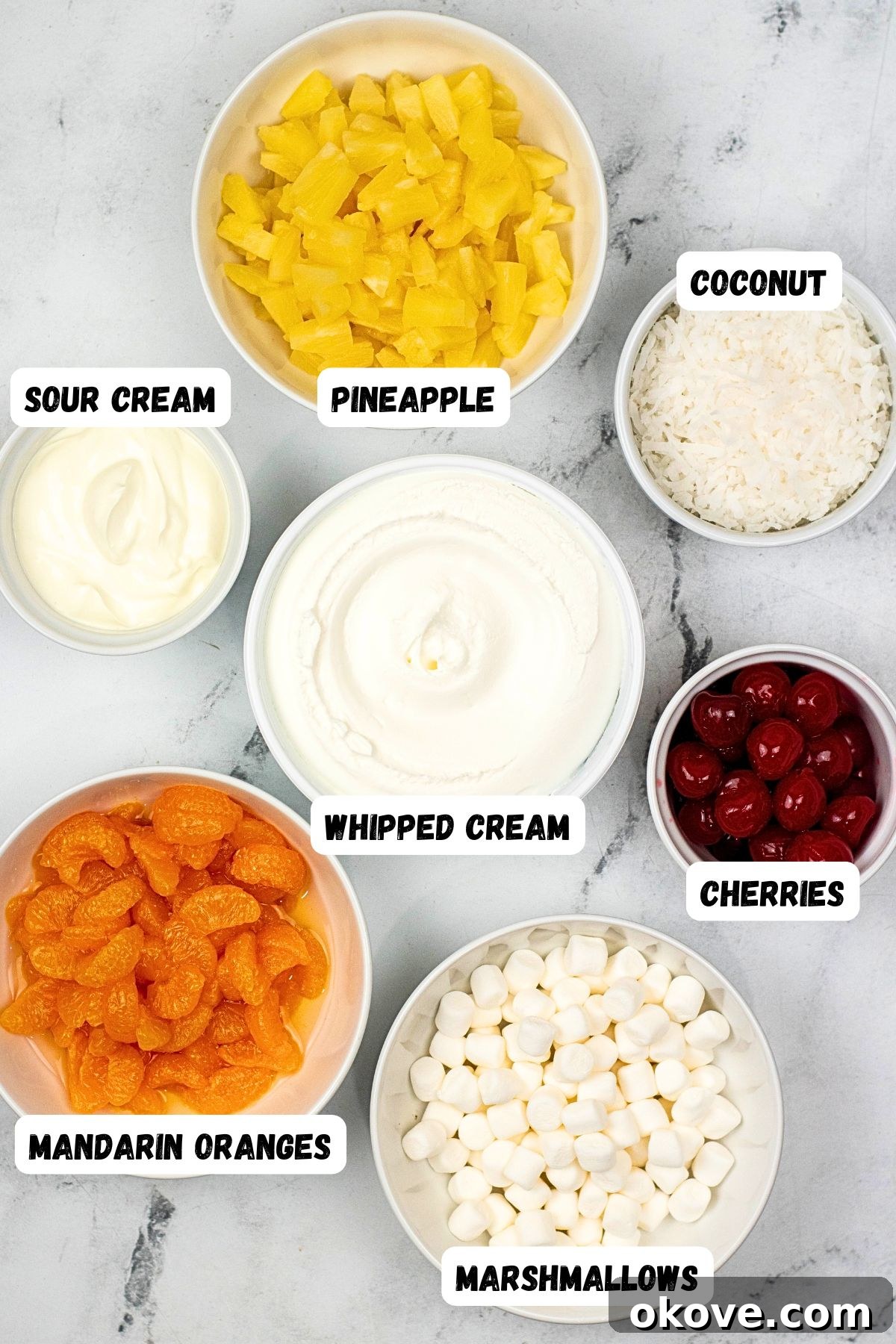 Ingredients for Ambrosia Salad measured into small bowls, including canned fruits, whipped topping, sour cream, marshmallows, and shredded coconut.