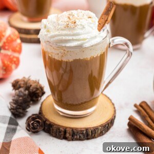 Cup of pumpkin spice coffee topped with whipped cream and a cinnamon stick, presented beautifully on a marble board.