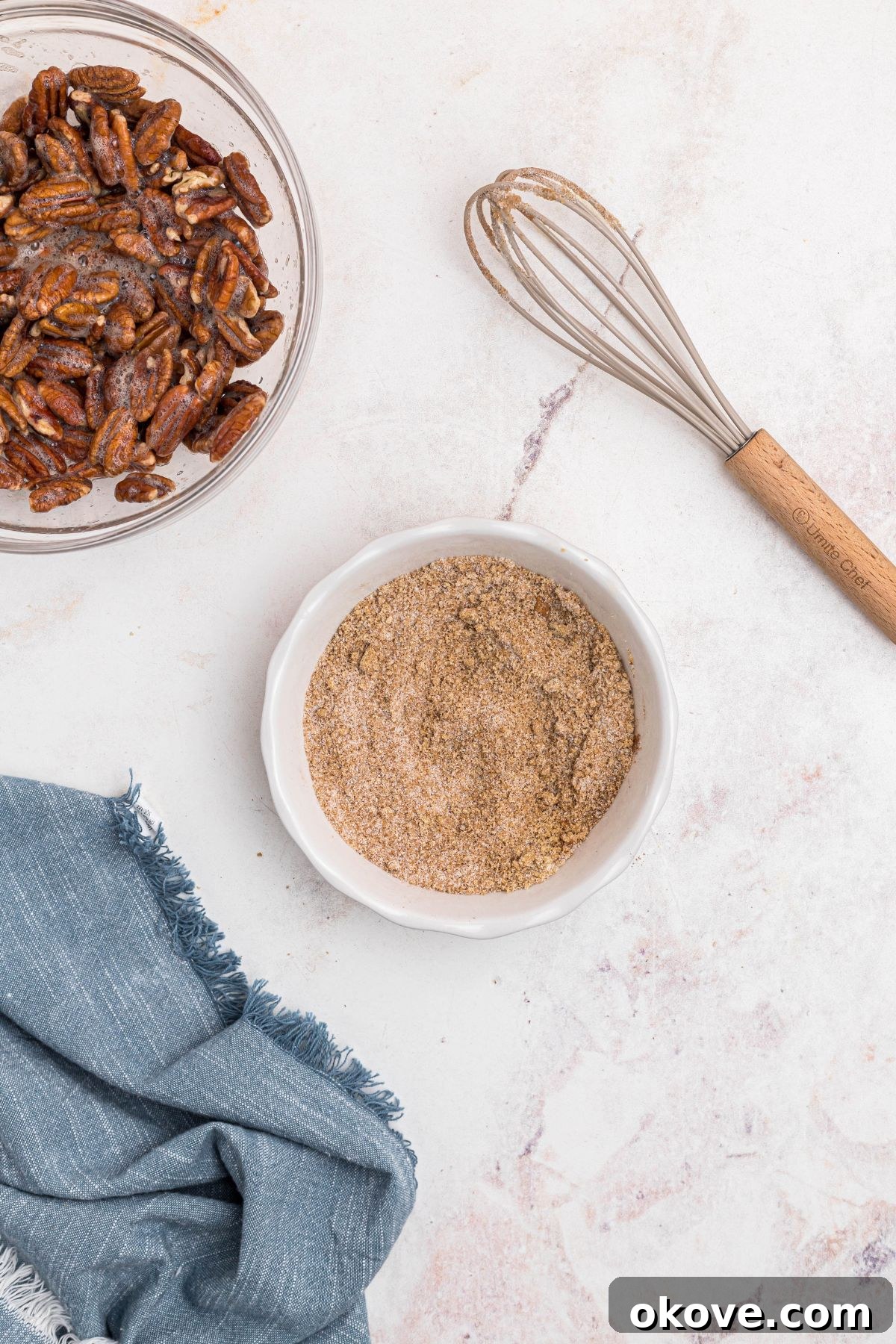 Sweet Pecan Crunch 6 Granulated sugar, brown sugar, cinnamon, and salt mixed in a small white bowl.