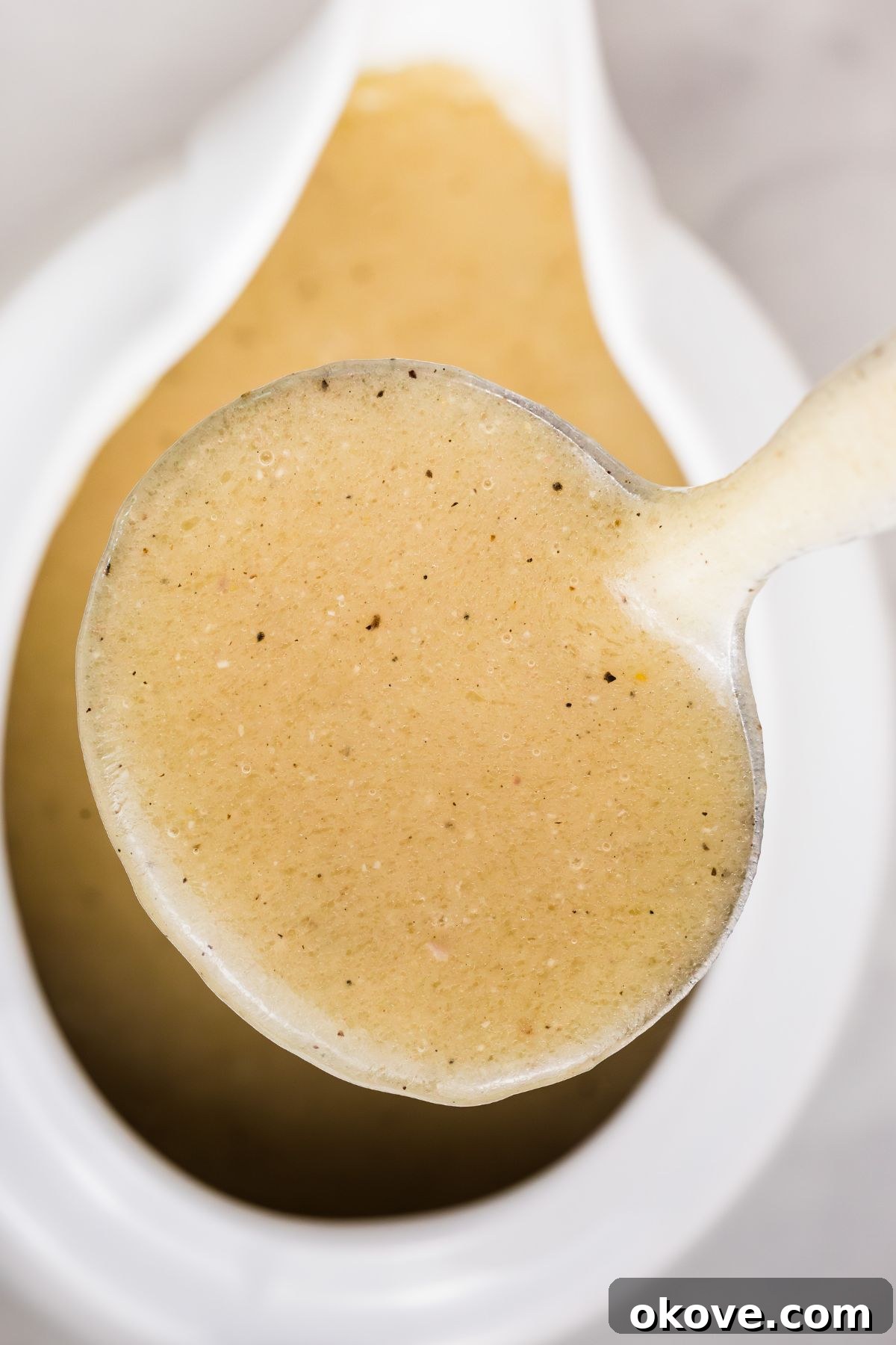 From Pan Drippings to Perfection 6 A large serving spoon lifting a portion of homemade gravy out of a serving dish.