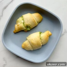 Two golden brown spinach pesto mozzarella roll-ups on a plate, ready to be served.