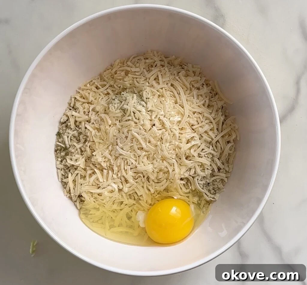 Crispy Parmesan Zucchini Bites 6 All the zucchini tot ingredients (grated zucchini, breadcrumbs, cheese, egg, garlic powder) mixed together thoroughly in a large bowl, forming a cohesive mixture.