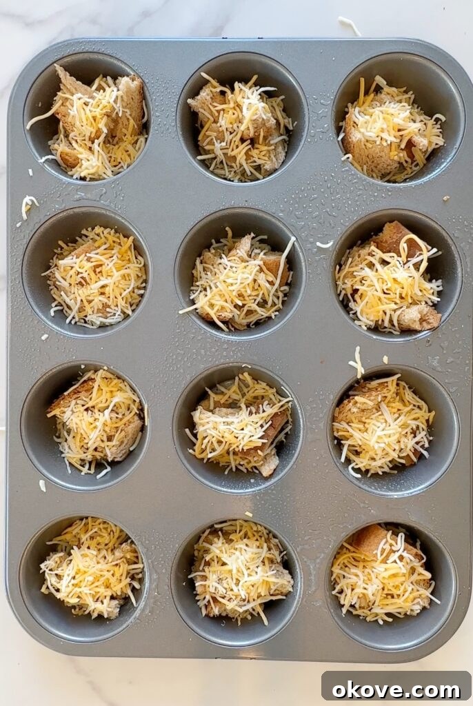 Morning Muffin Bites 4 Tearing bread into small pieces to line the muffin tin