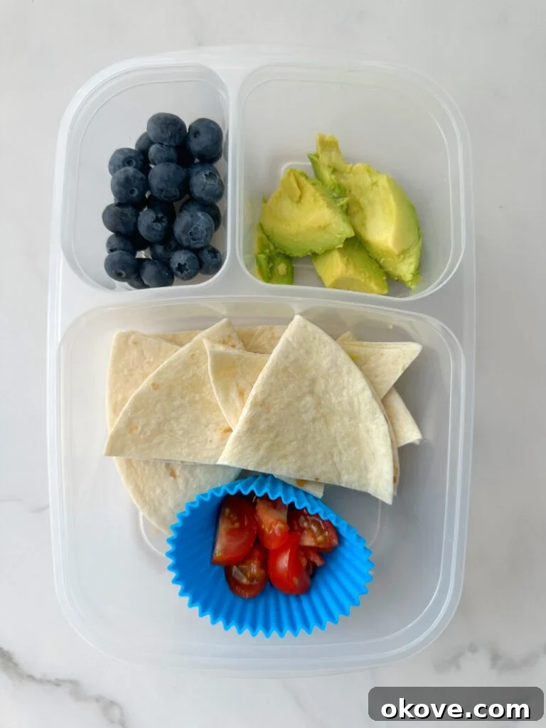 Lunchbox Magic for Toddlers 5 A plastic food storage container with quesadilla slices, tomato, avocado, and blueberries