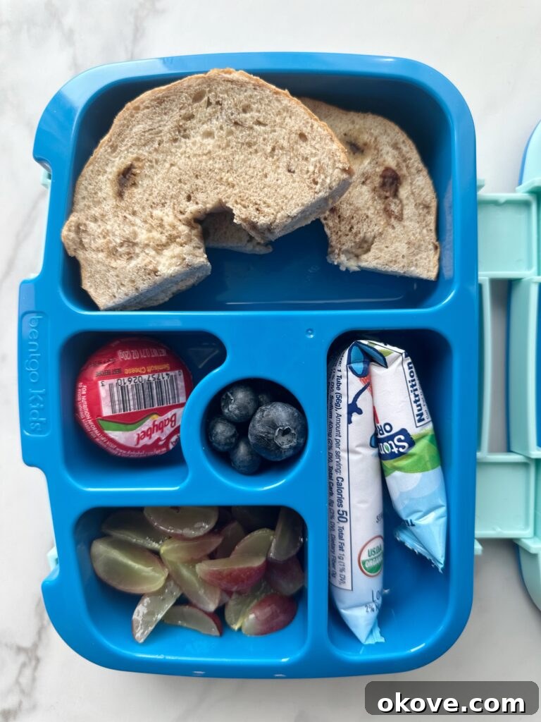 Lunchbox Magic for Toddlers 6 A lunchbox with half a bagel, blueberries, Babybel cheese, yogurt, and sliced grapes
