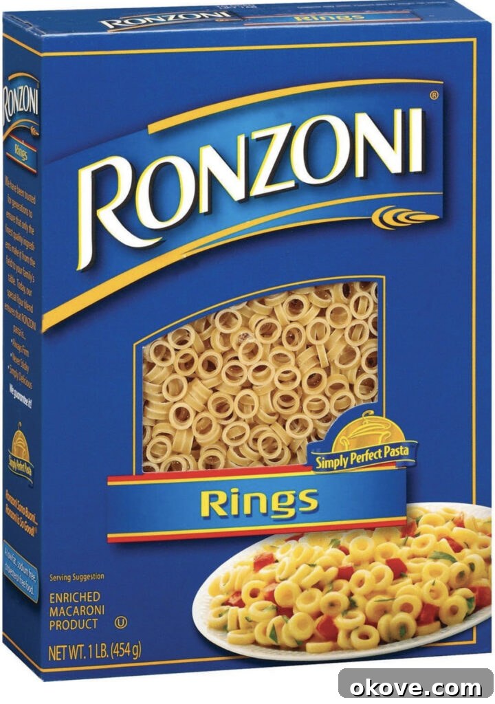 Quick & Creamy Butter Parmesan Vegetable Soup 4 A box of Ronzoni small pasta rings, ideal for soups and picky eaters.
