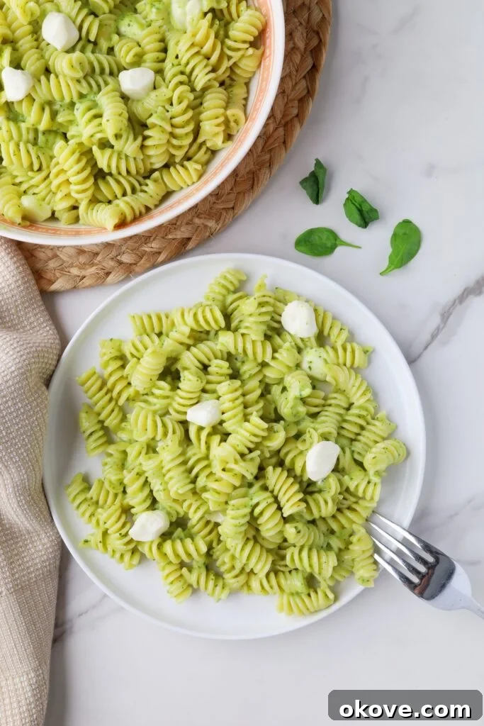 Garden Fresh Pesto Pasta 2 A beautifully plated dish of creamy pesto pasta, garnished with fresh basil leaves and small mozzarella balls, ready to be served for a family dinner.